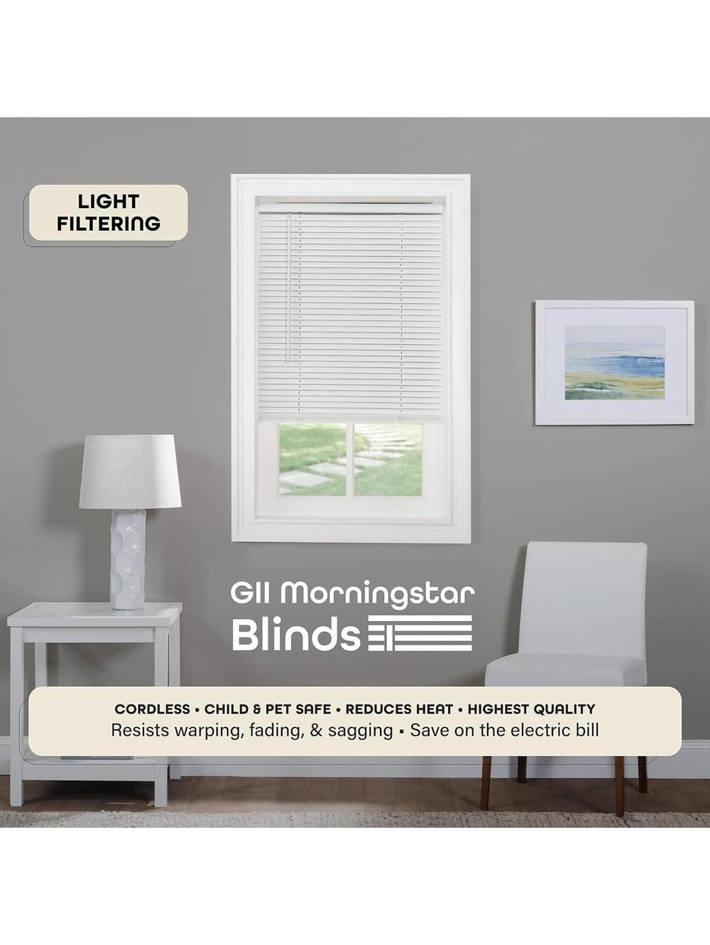 Cordless Mini Blind 43 W x 64 H - 1 Inch Slat - Pearl White G2 Morningstar Vinyl